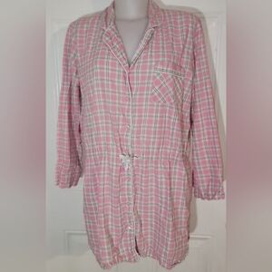 Victoria’s Secret Pink Green Preppy Plaid  Long Sleeve Tie Waist Nightgown Sz L